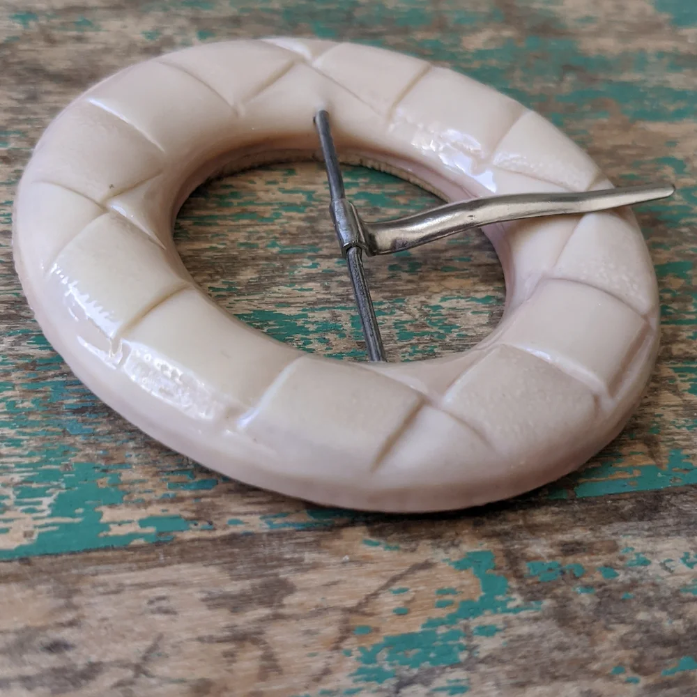 Lot of 3 Round Vintage Buckles - Cream Celluloid & Metal with Fabric